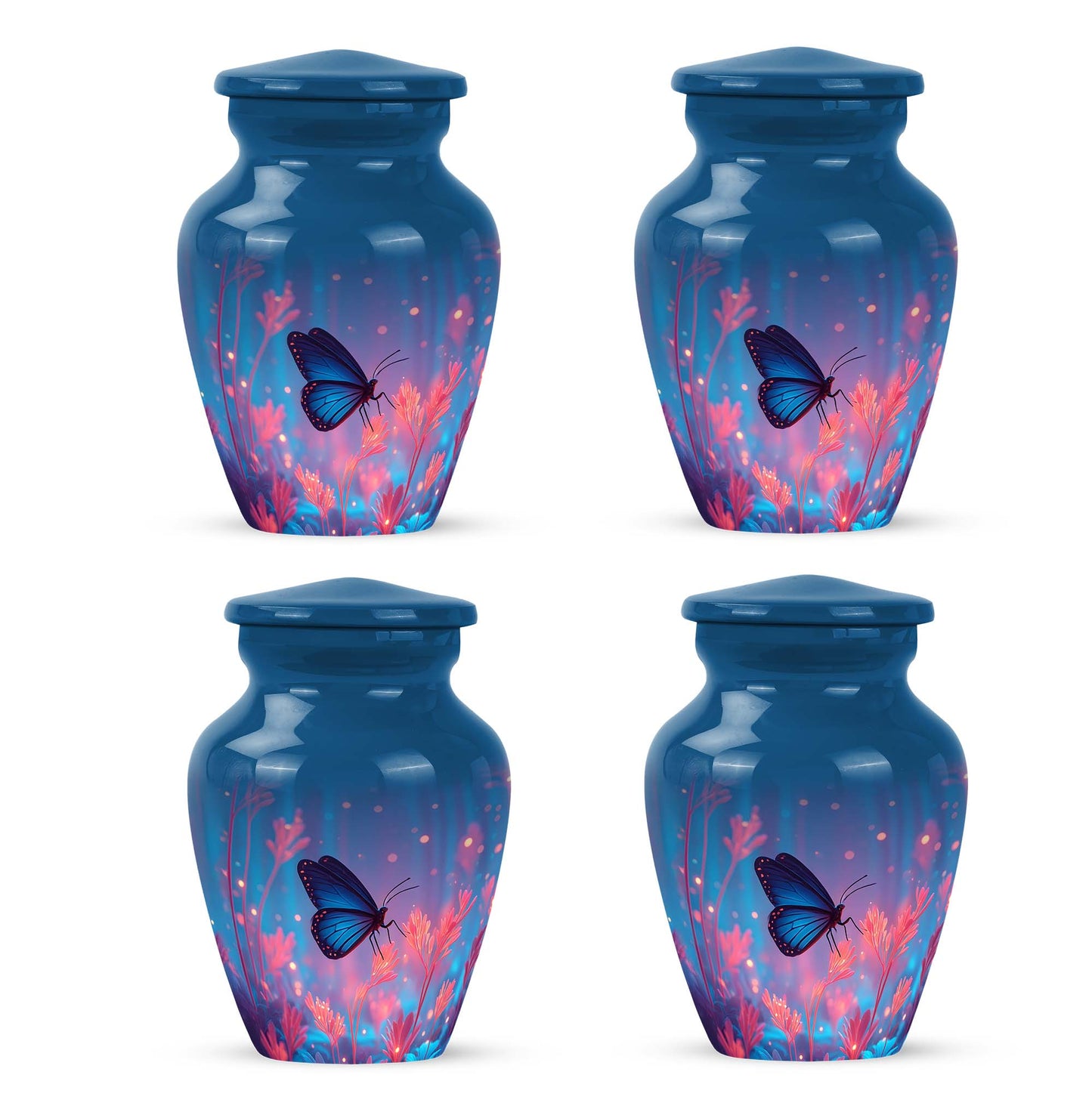 Royal Blue Butterfly Cremation Urn side profile showing urn shape - traditional butterfly engraving with hand-polished finish - 10 inch aluminum urn for cremated remains