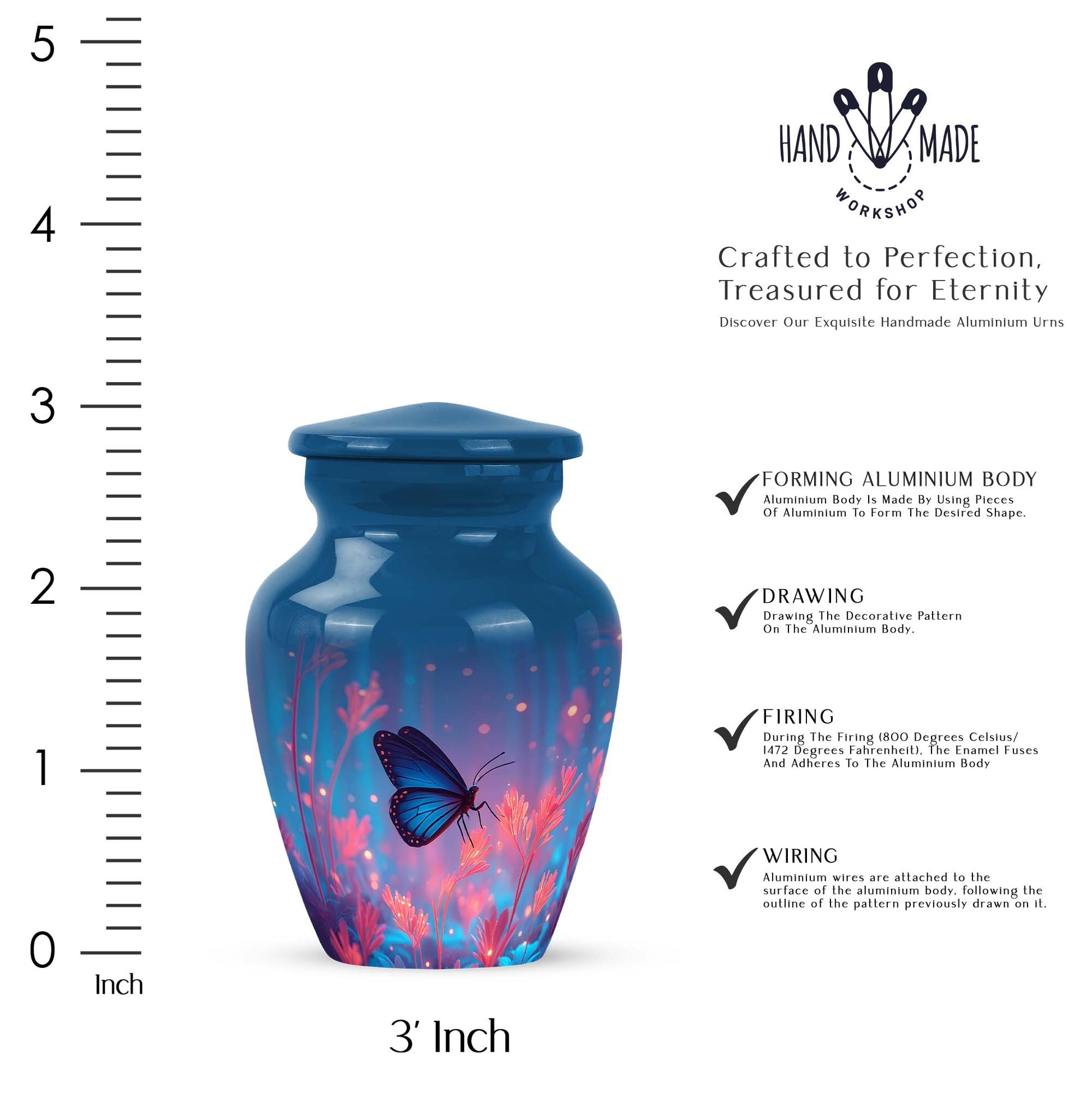 Slate Blue Butterfly Cremation Urn close-up of engraving and surface detail - timeless butterfly motif etched into premium metal - mini keepsake memorial for portion of cremation ashes