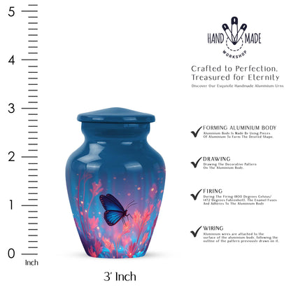 Slate Blue Butterfly Cremation Urn close-up of engraving and surface detail - timeless butterfly motif etched into premium metal - mini keepsake memorial for portion of cremation ashes