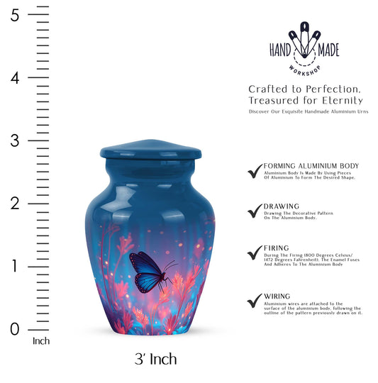 Slate Blue Butterfly Cremation Urn close-up of engraving and surface detail - timeless butterfly motif etched into premium metal - mini keepsake memorial for portion of cremation ashes