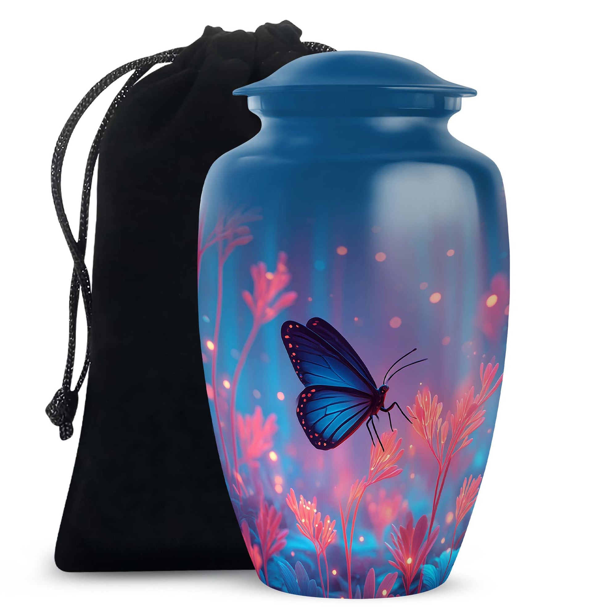 Calming Blue Butterfly Cremation Urn angled view of lid and engraved motif - elegant classic butterfly relief with fine detailing - full-size 10 inch 200 cubic inch adult cremation urn