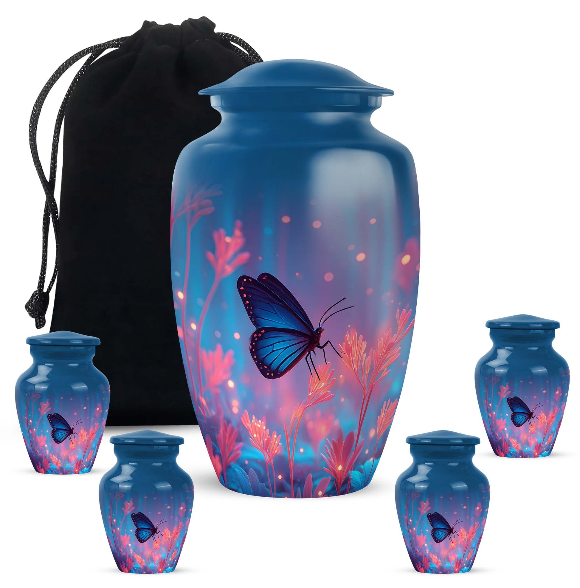 Royal Blue Butterfly Cremation Urn top-down view of secure threaded lid - elegant classic butterfly relief with fine detailing - memorial set with one large and four small urns