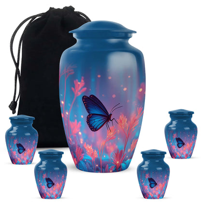 Royal Blue Butterfly Cremation Urn top-down view of secure threaded lid - elegant classic butterfly relief with fine detailing - memorial set with one large and four small urns