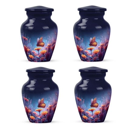 Indigo Butterfly Cremation Urn side profile showing urn shape - classic sculpted butterfly pattern on smooth aluminum - 10 inch aluminum urn for cremated remains