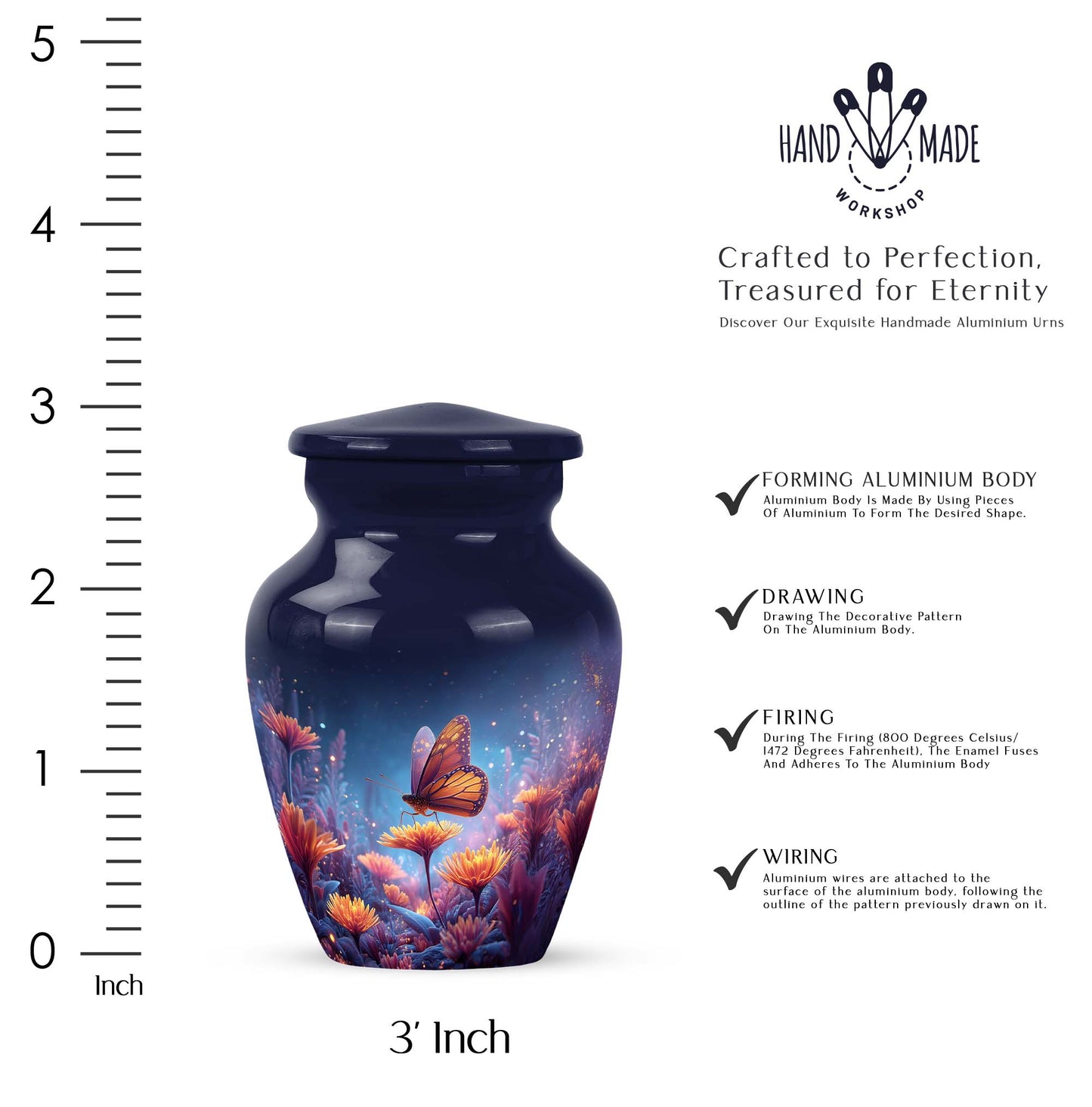 Cornflower Blue Butterfly Cremation Urn close-up of engraving and surface detail - traditional butterfly engraving with hand-polished finish - mini keepsake memorial for portion of cremation ashes