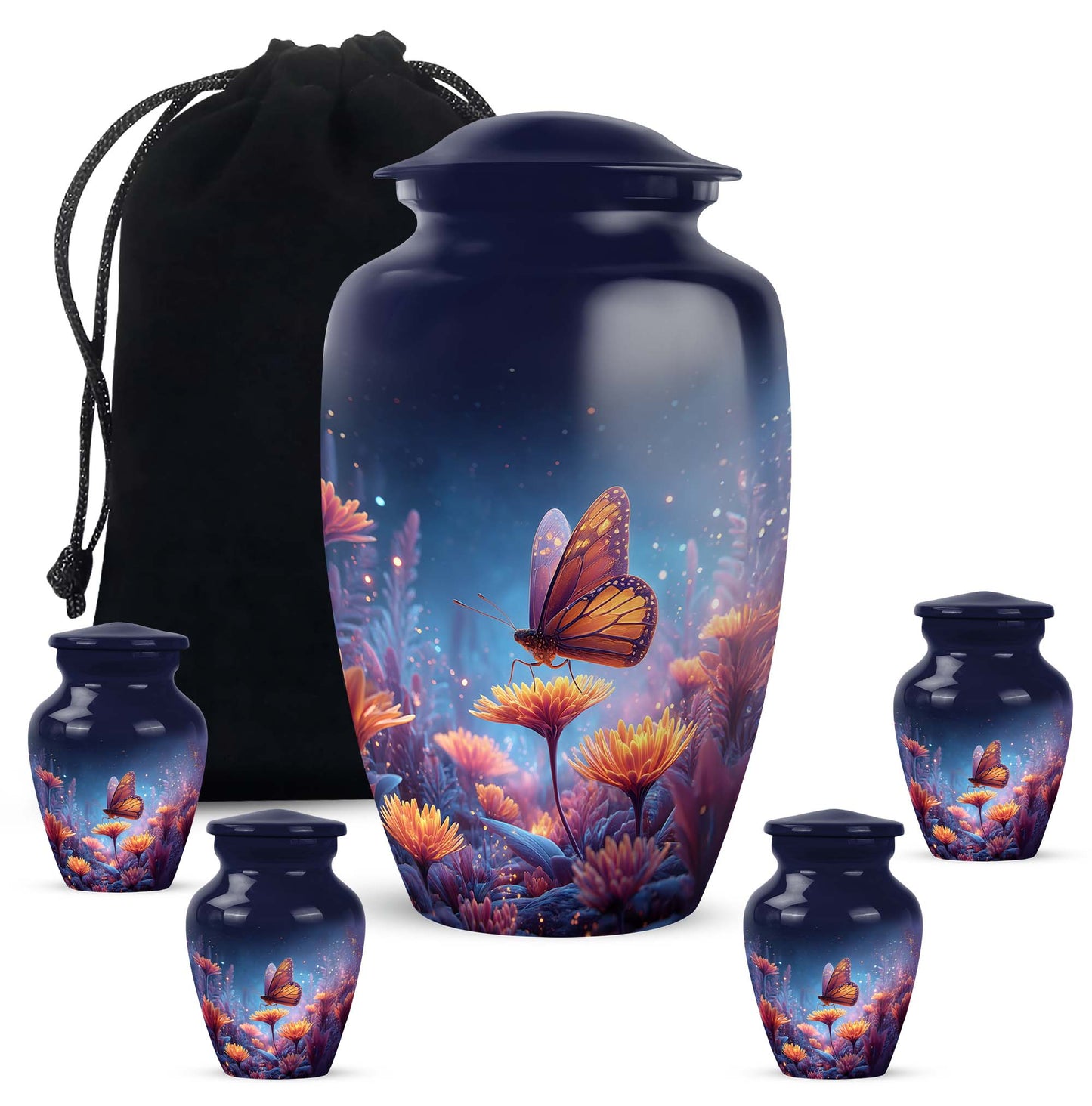 Soft Blue Butterfly Cremation Urn top-down view of secure threaded lid - elegant classic butterfly relief with fine detailing - memorial set with one large and four small urns
