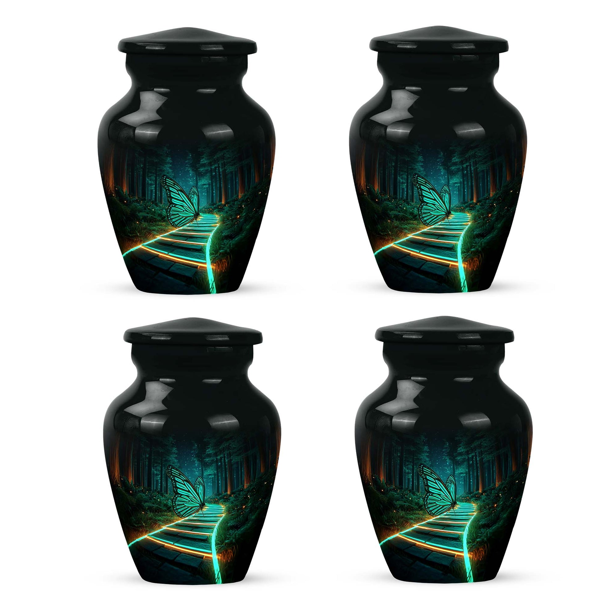 Dark Black Butterfly Cremation Urn side profile showing urn shape - traditional butterfly engraving with hand-polished finish - 10 inch aluminum urn for cremated remains