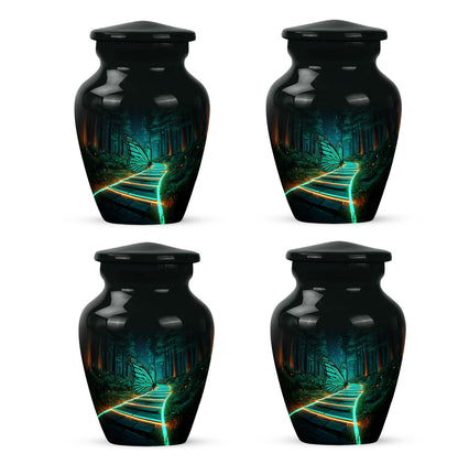Dark Black Butterfly Cremation Urn side profile showing urn shape - traditional butterfly engraving with hand-polished finish - 10 inch aluminum urn for cremated remains