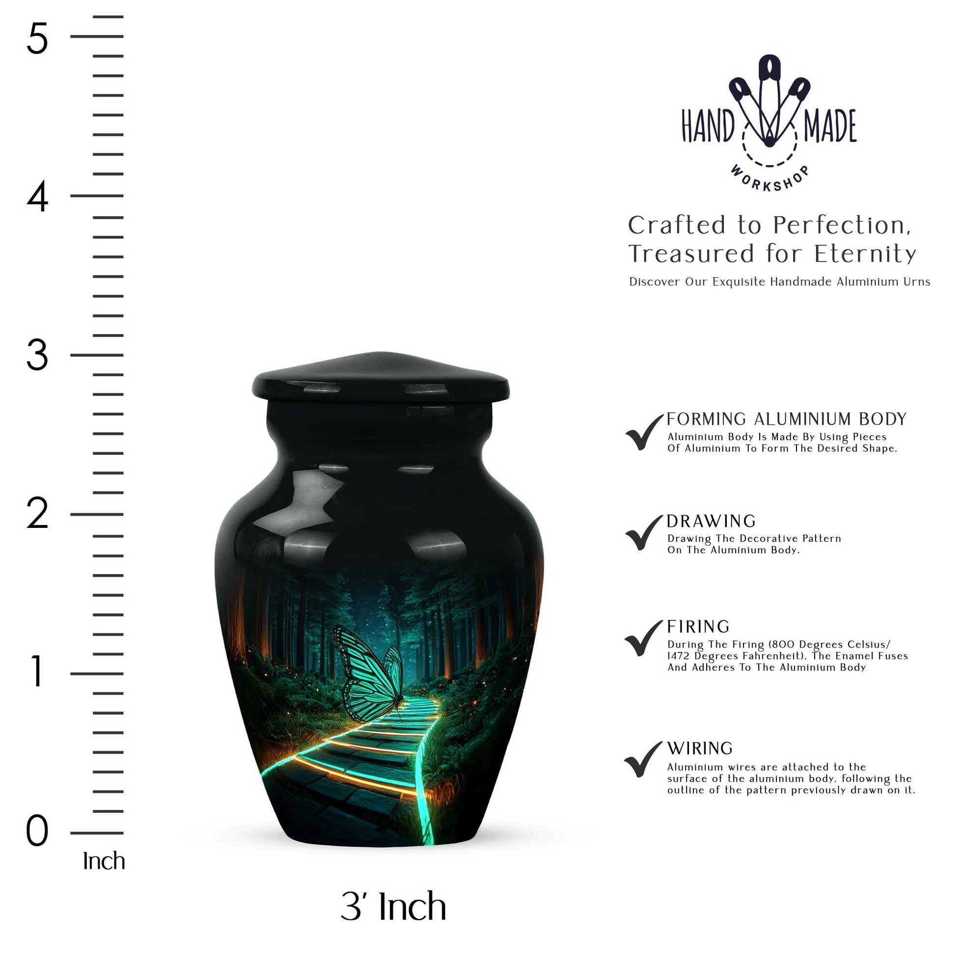 Dark Black Butterfly Cremation Urn close-up of engraving and surface detail - traditional butterfly engraving with hand-polished finish - mini keepsake memorial for portion of cremation ashes