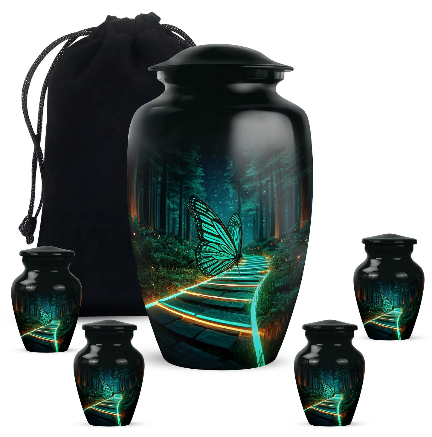 Deep Black Butterfly Cremation Urn top-down view of secure threaded lid - classic sculpted butterfly pattern on smooth aluminum - memorial set with one large and four small urns