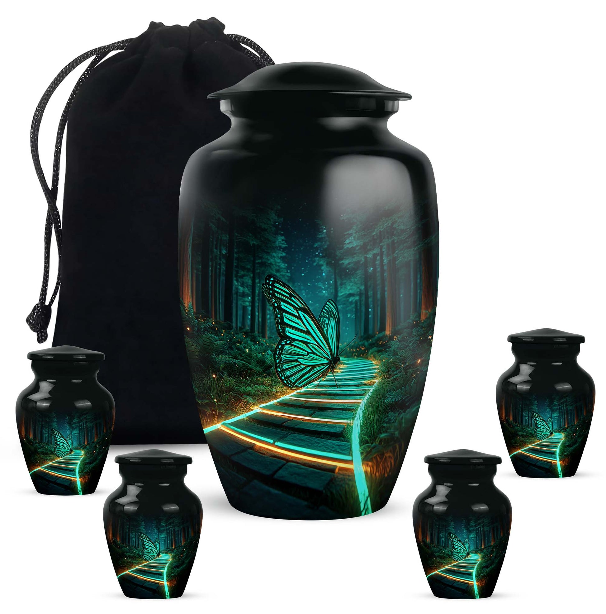 Deep Black Butterfly Cremation Urn top-down view of secure threaded lid - classic sculpted butterfly pattern on smooth aluminum - memorial set with one large and four small urns