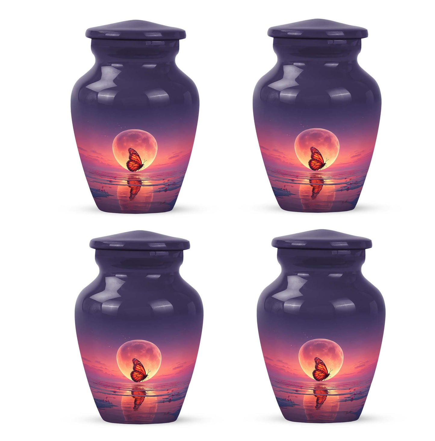 Misty Blue Butterfly Cremation Urn side profile showing urn shape - classic sculpted butterfly pattern on smooth aluminum - 10 inch aluminum urn for cremated remains