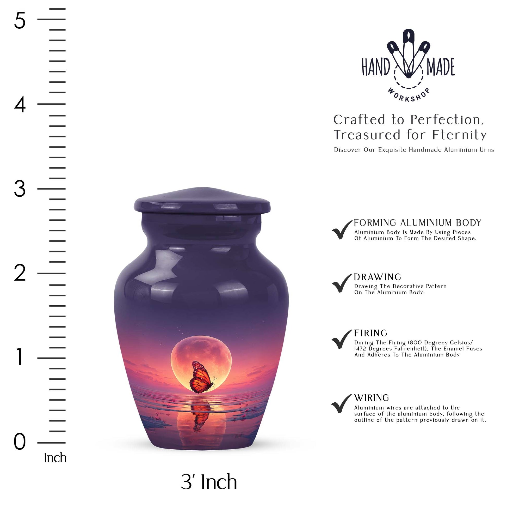 Azure Butterfly Cremation Urn close-up of engraving and surface detail - timeless butterfly motif etched into premium metal - mini keepsake memorial for portion of cremation ashes