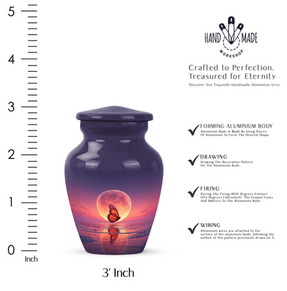 Azure Butterfly Cremation Urn close-up of engraving and surface detail - timeless butterfly motif etched into premium metal - mini keepsake memorial for portion of cremation ashes