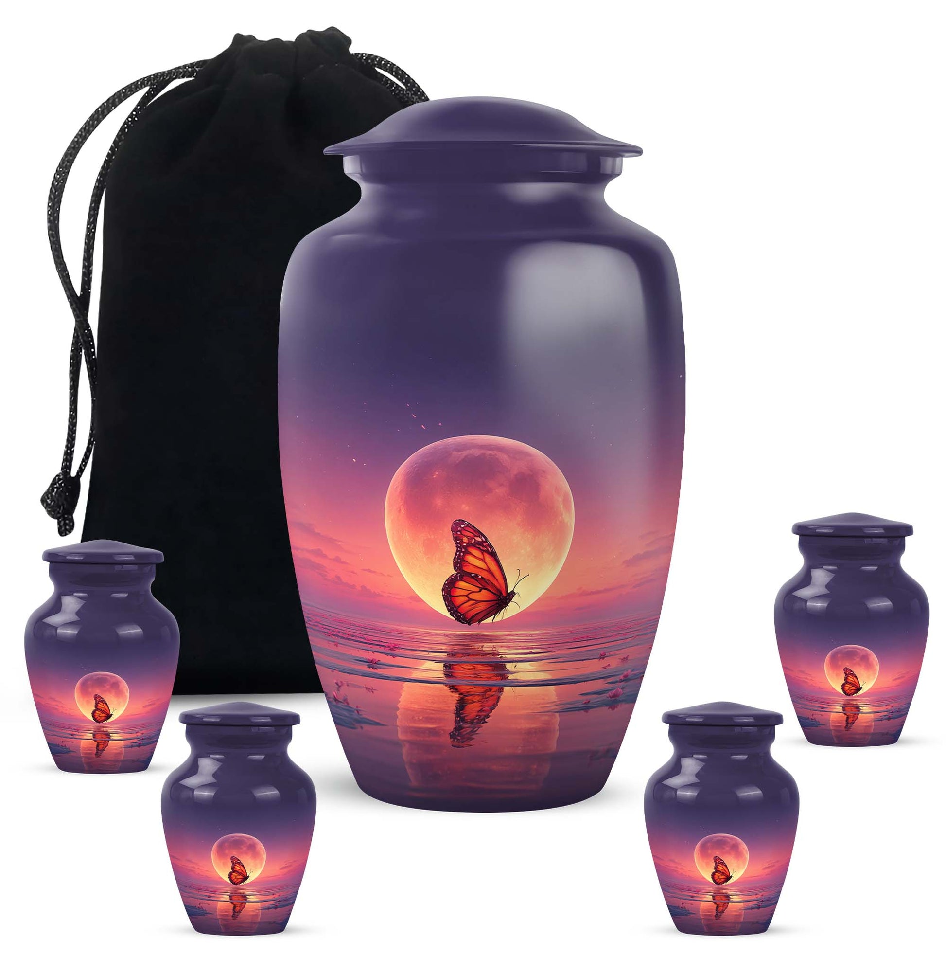 Celestial Blue Butterfly Cremation Urn top-down view of secure threaded lid - classic sculpted butterfly pattern on smooth aluminum - memorial set with one large and four small urns