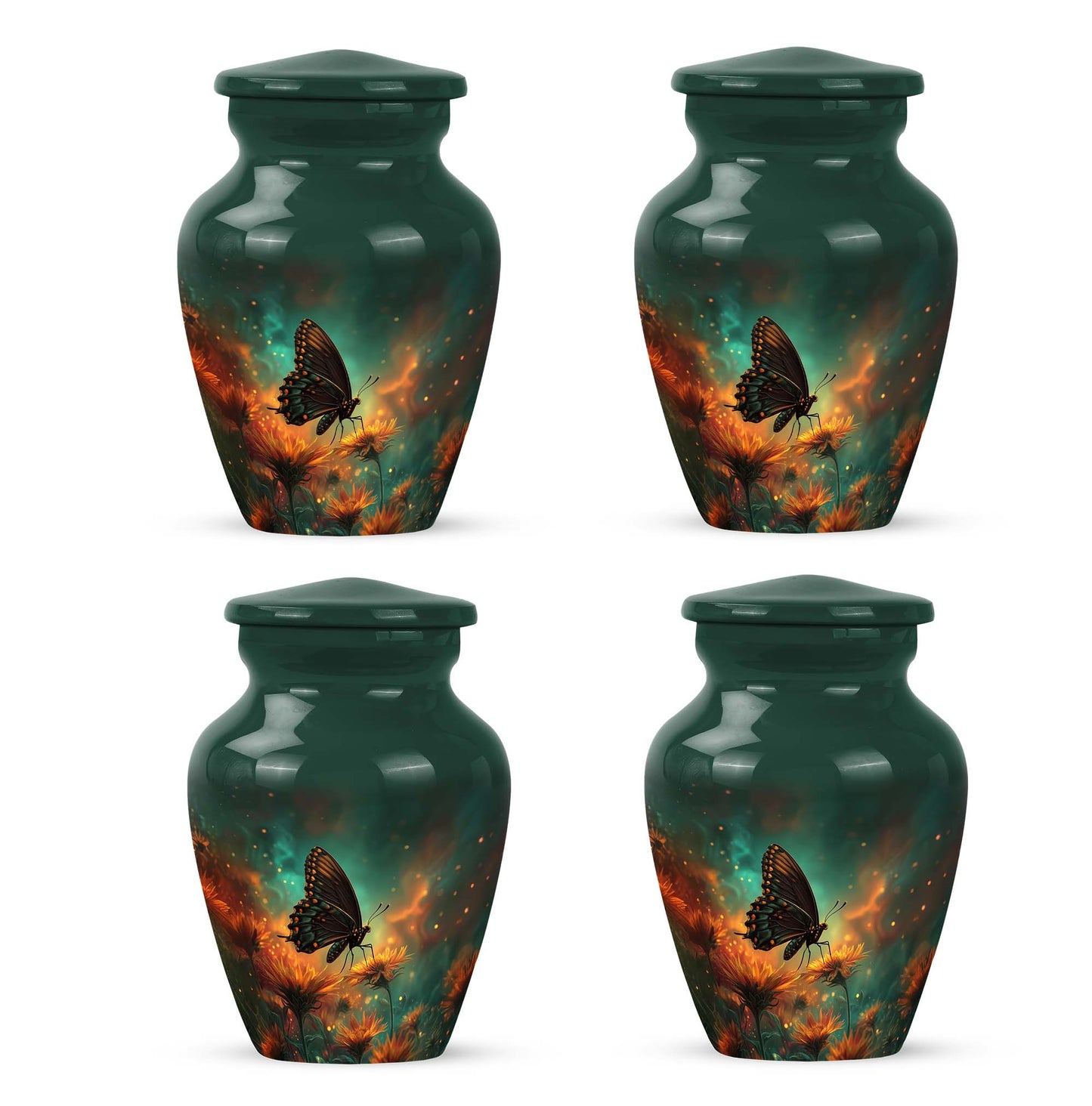 Cool Teal Butterfly Cremation Urn side profile showing urn shape - classic sculpted butterfly pattern on smooth aluminum - 10 inch aluminum urn for cremated remains