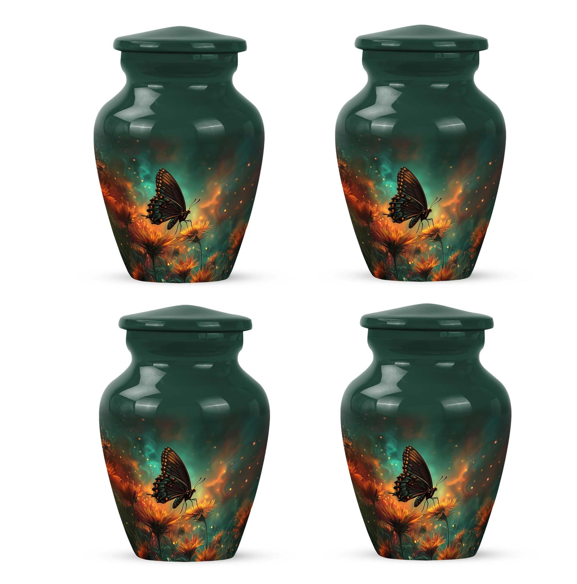 Cool Teal Butterfly Cremation Urn side profile showing urn shape - classic sculpted butterfly pattern on smooth aluminum - 10 inch aluminum urn for cremated remains