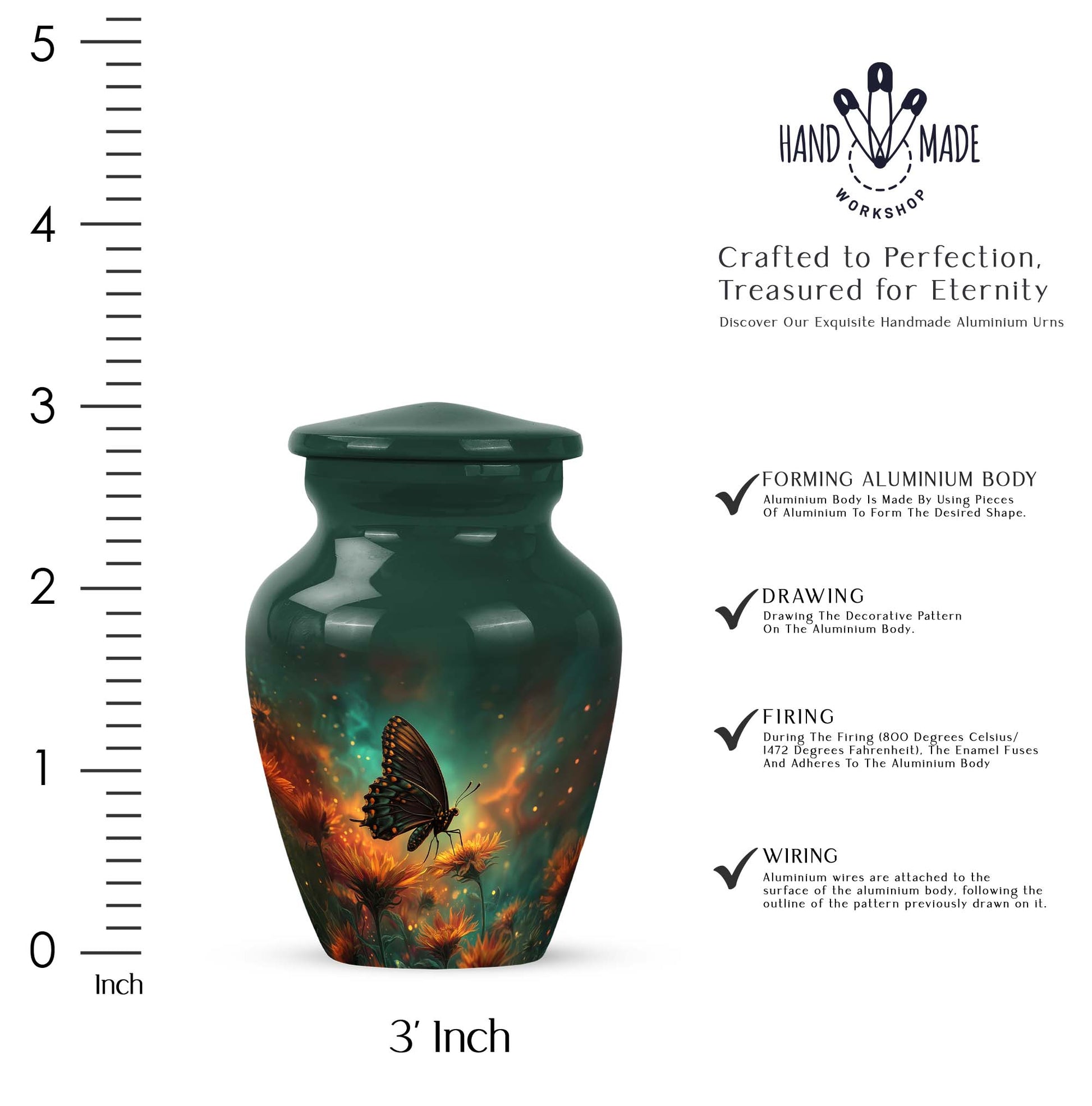 Tropical Teal Butterfly Cremation Urn close-up of engraving and surface detail - elegant classic butterfly relief with fine detailing - mini keepsake memorial for portion of cremation ashes