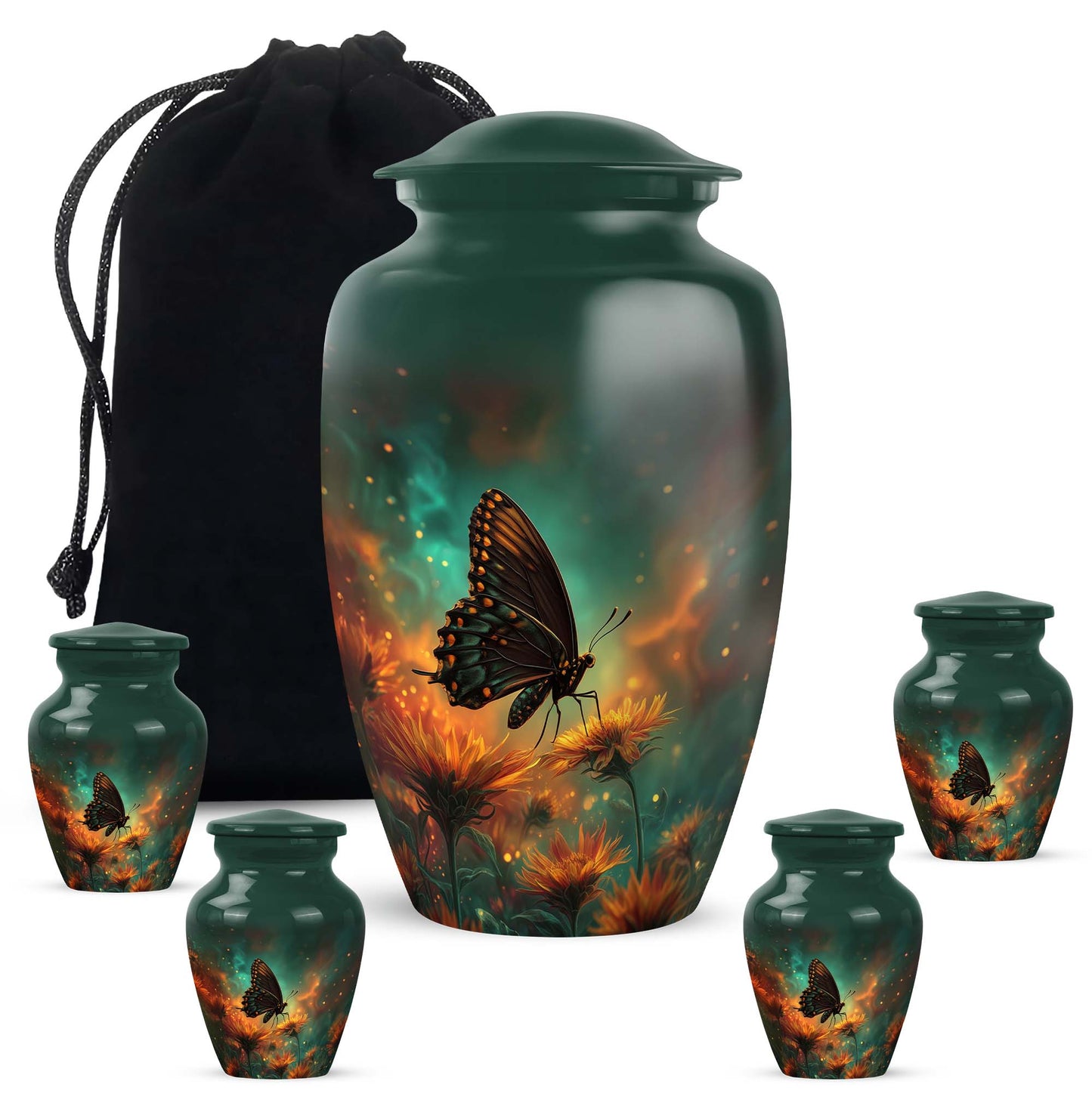 Sea Green Teal Butterfly Cremation Urn top-down view of secure threaded lid - classic sculpted butterfly pattern on smooth aluminum - memorial set with one large and four small urns