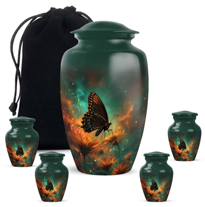 Sea Green Teal Butterfly Cremation Urn top-down view of secure threaded lid - classic sculpted butterfly pattern on smooth aluminum - memorial set with one large and four small urns