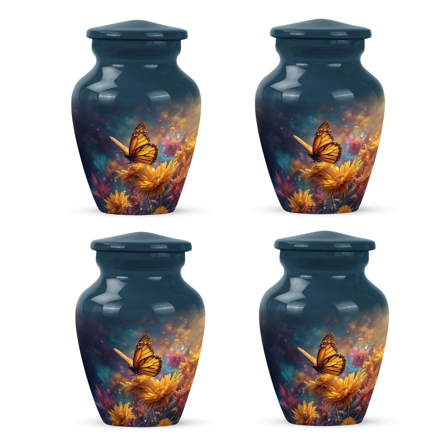 Sky Blue Butterfly Cremation Urn side profile showing urn shape - timeless butterfly motif etched into premium metal - 10 inch aluminum urn for cremated remains