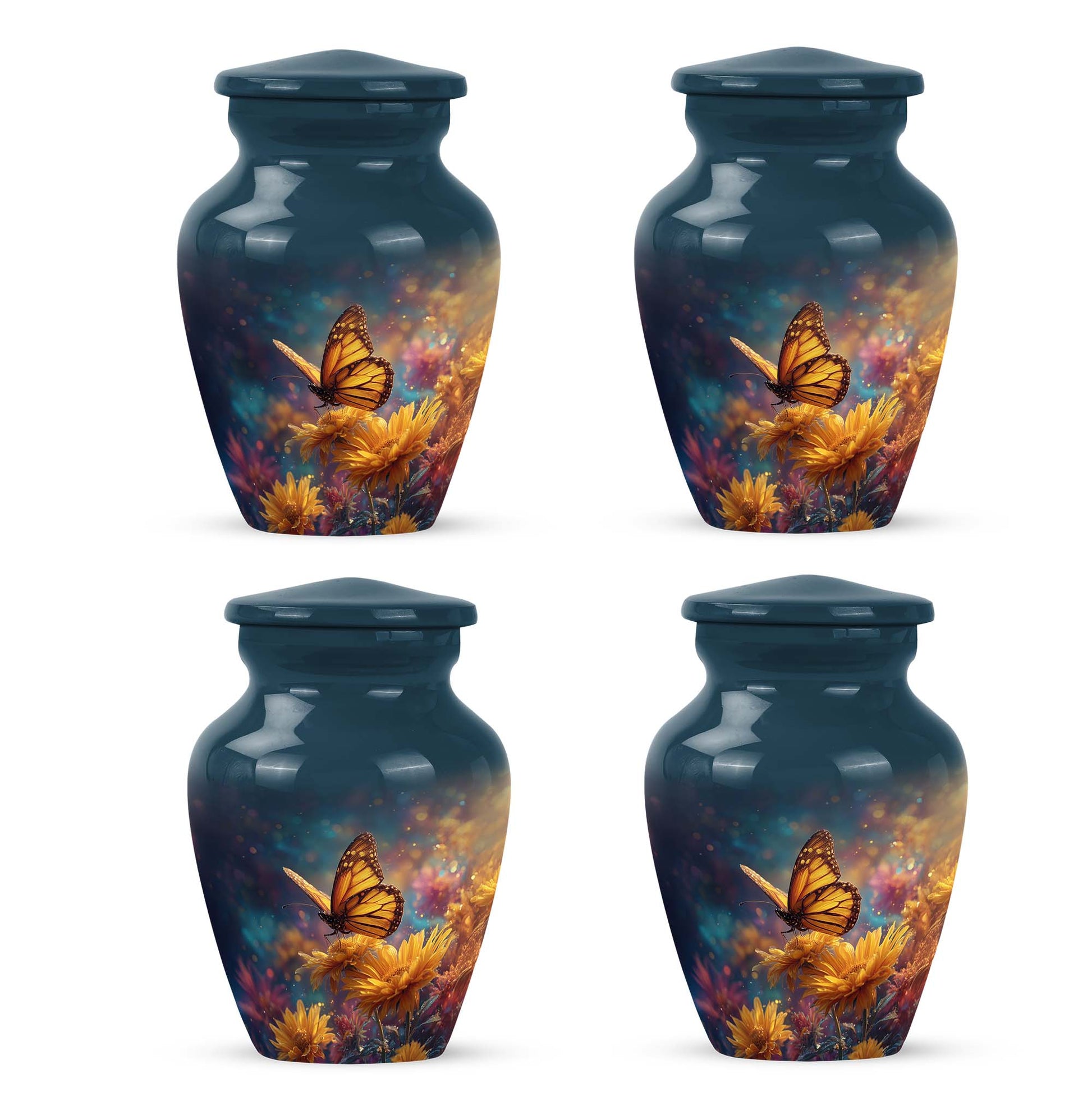 Sky Blue Butterfly Cremation Urn side profile showing urn shape - timeless butterfly motif etched into premium metal - 10 inch aluminum urn for cremated remains