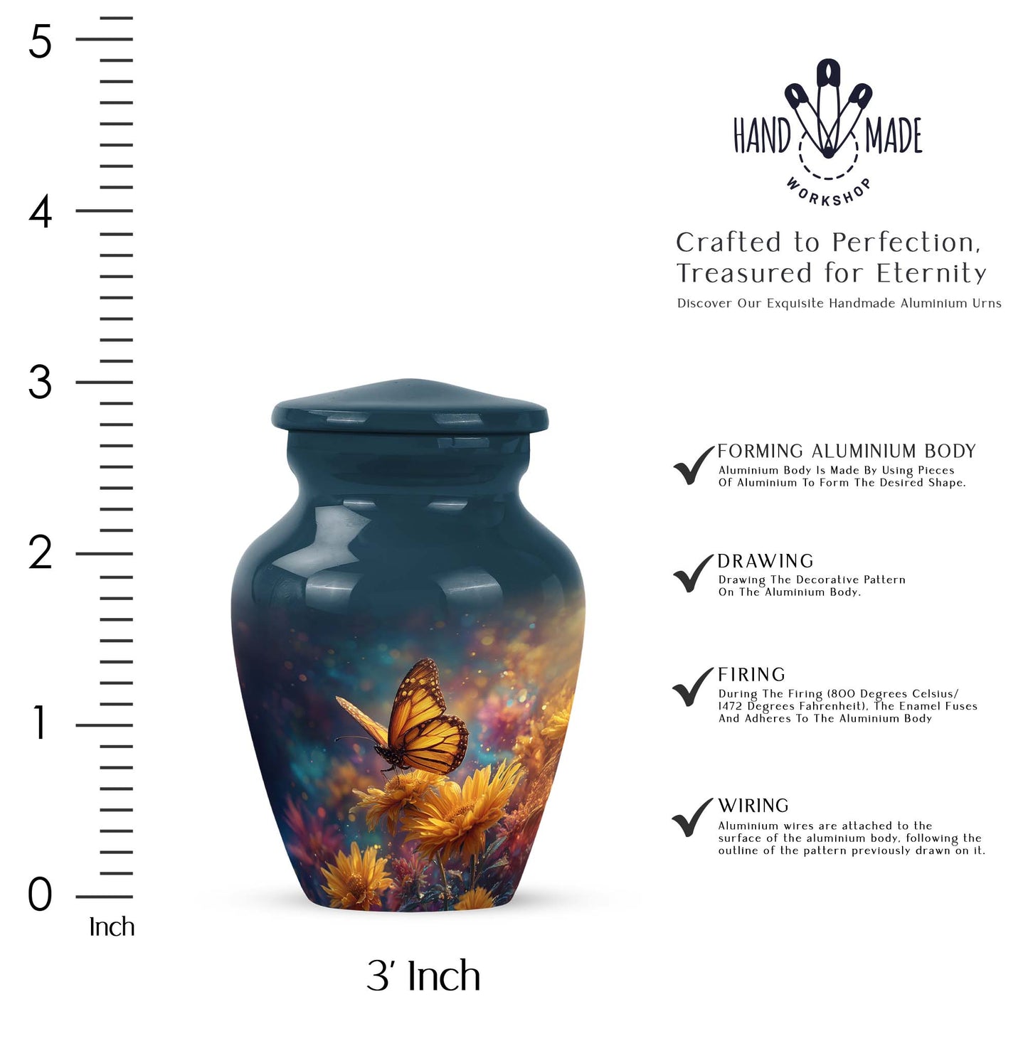 Bright Blue Butterfly Cremation Urn close-up of engraving and surface detail - traditional butterfly engraving with hand-polished finish - mini keepsake memorial for portion of cremation ashes