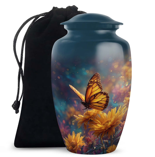 Calming Blue Butterfly Cremation Urn angled view of lid and engraved motif - traditional butterfly engraving with hand-polished finish - full-size 10 inch 200 cubic inch adult cremation urn