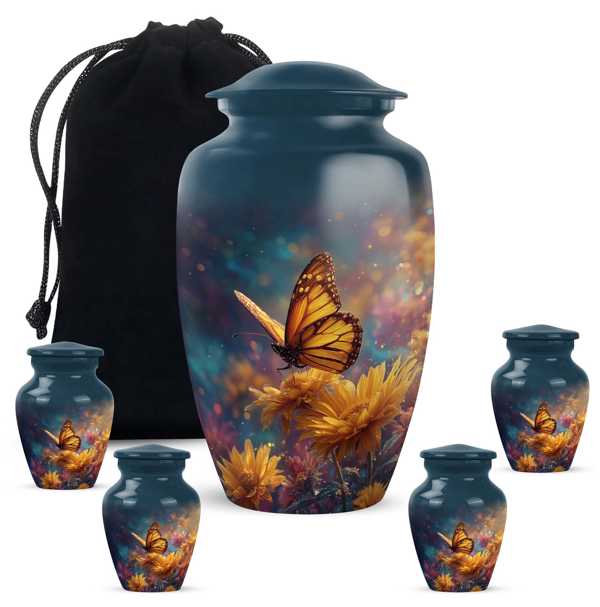 Navy Blue Butterfly Cremation Urn top-down view of secure threaded lid - classic sculpted butterfly pattern on smooth aluminum - memorial set with one large and four small urns