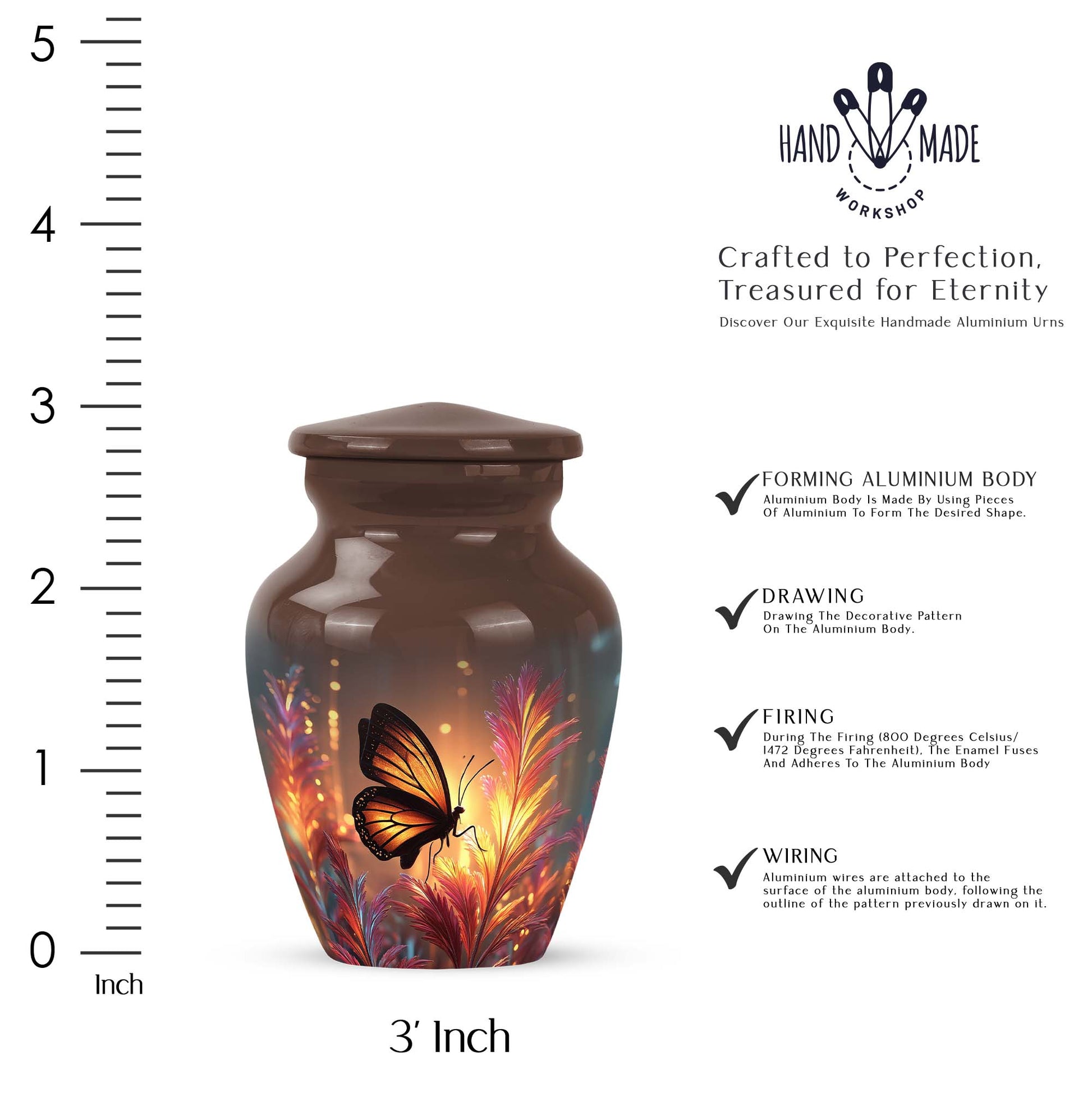 Warm Gold Butterfly Cremation Urn close-up of engraving and surface detail - elegant classic butterfly relief with fine detailing - mini keepsake memorial for portion of cremation ashes