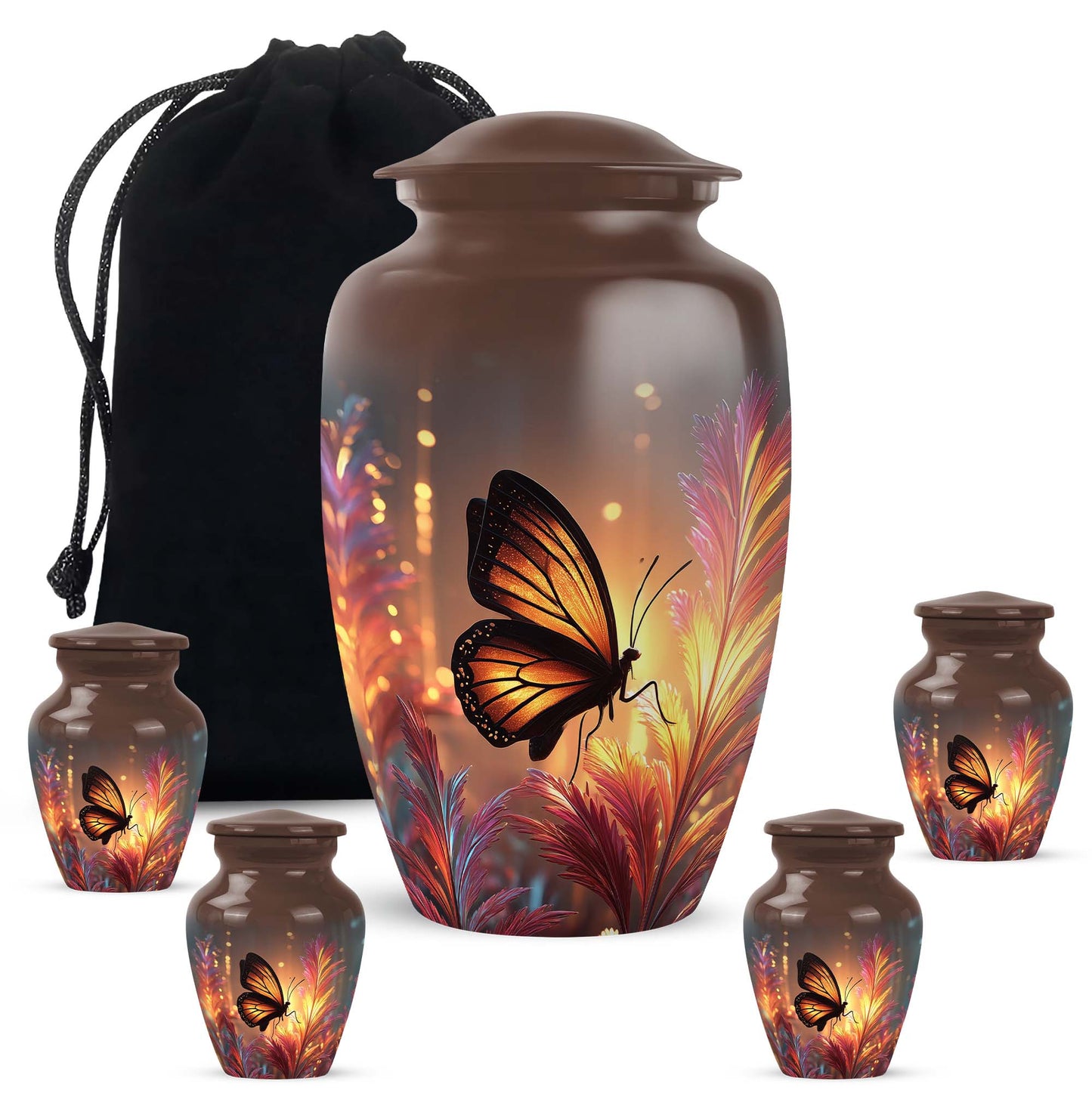 Amber Gold Butterfly Cremation Urn top-down view of secure threaded lid - classic sculpted butterfly pattern on smooth aluminum - memorial set with one large and four small urns