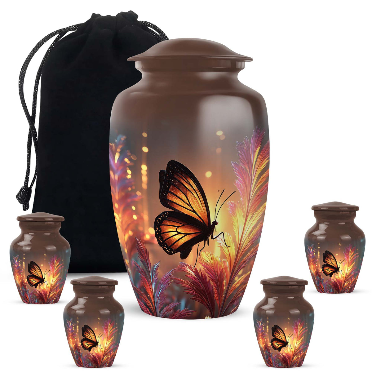 Amber Gold Butterfly Cremation Urn top-down view of secure threaded lid - classic sculpted butterfly pattern on smooth aluminum - memorial set with one large and four small urns