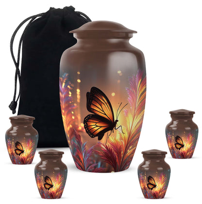 Amber Gold Butterfly Cremation Urn top-down view of secure threaded lid - classic sculpted butterfly pattern on smooth aluminum - memorial set with one large and four small urns