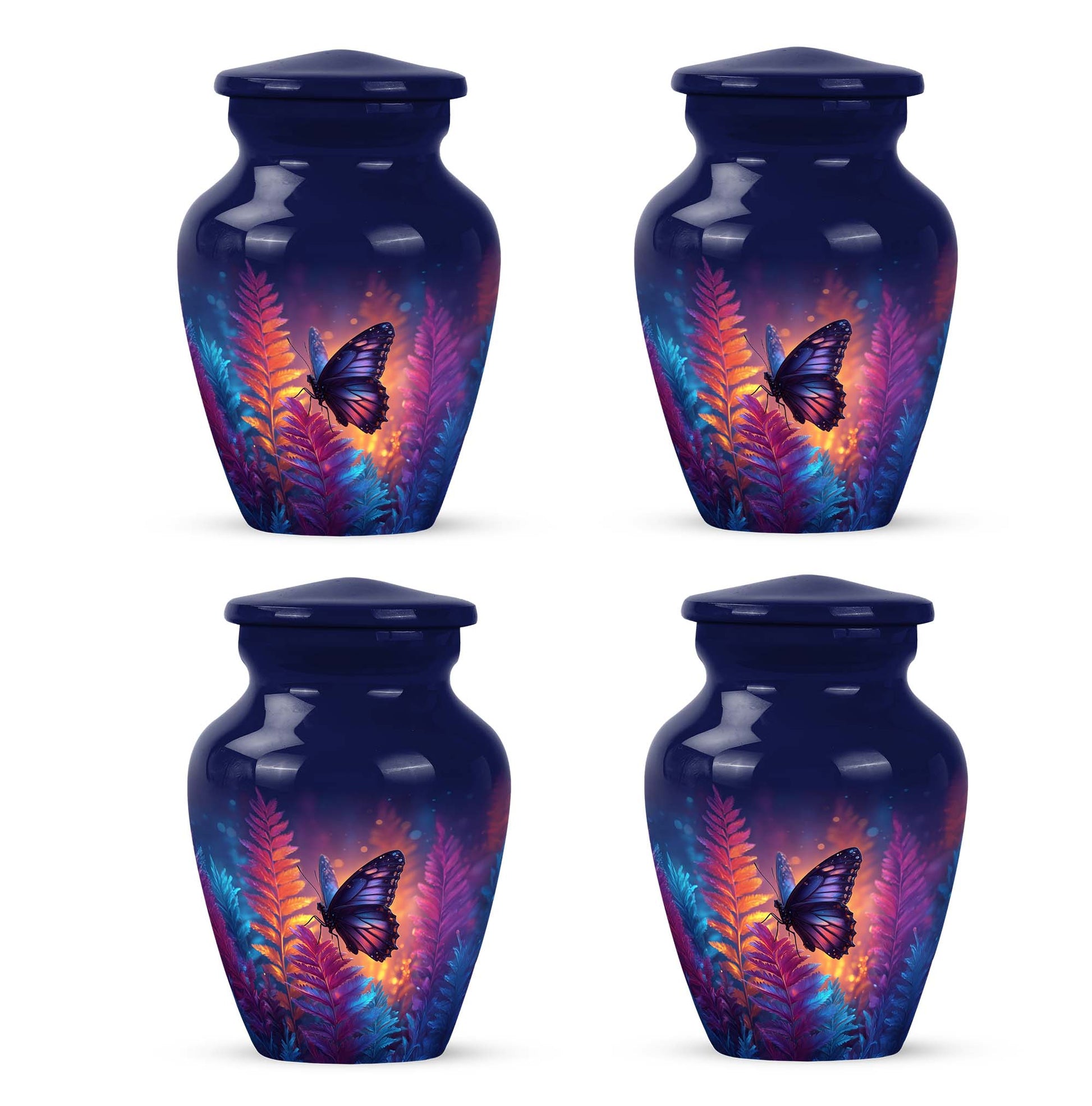 Bright Blue Butterfly Cremation Urn side profile showing urn shape - traditional butterfly engraving with hand-polished finish - 10 inch aluminum urn for cremated remains