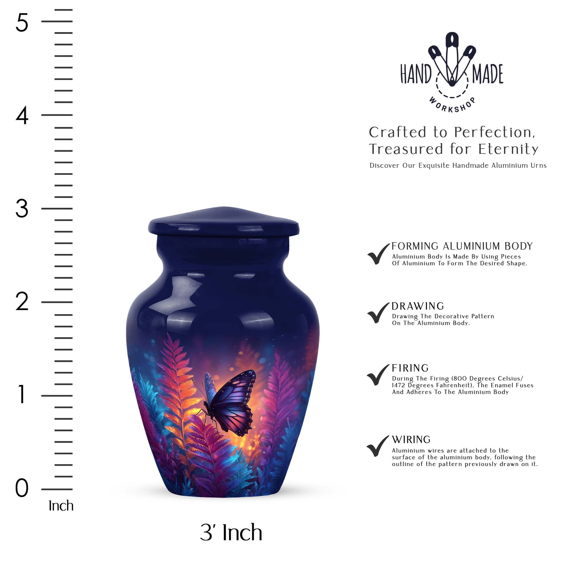Azure Butterfly Cremation Urn close-up of engraving and surface detail - classic sculpted butterfly pattern on smooth aluminum - mini keepsake memorial for portion of cremation ashes