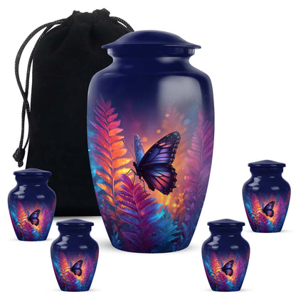 Navy Blue Butterfly Cremation Urn top-down view of secure threaded lid - classic sculpted butterfly pattern on smooth aluminum - memorial set with one large and four small urns