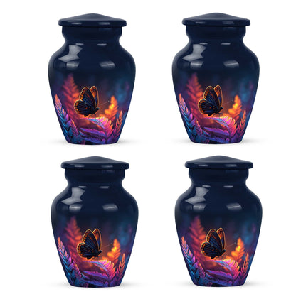 Dusty Blue Butterfly Cremation Urn side profile showing urn shape - classic sculpted butterfly pattern on smooth aluminum - 10 inch aluminum urn for cremated remains