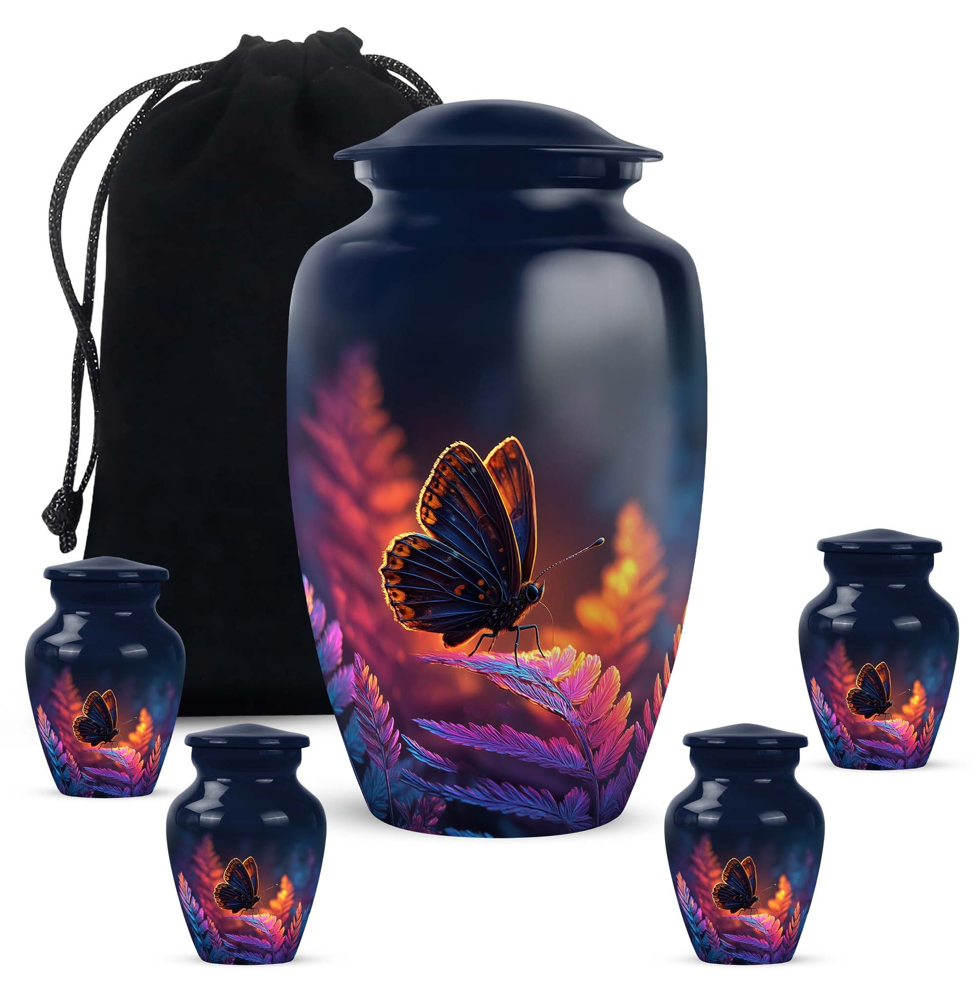 Vivid Blue Butterfly Cremation Urn top-down view of secure threaded lid - traditional butterfly engraving with hand-polished finish - memorial set with one large and four small urns