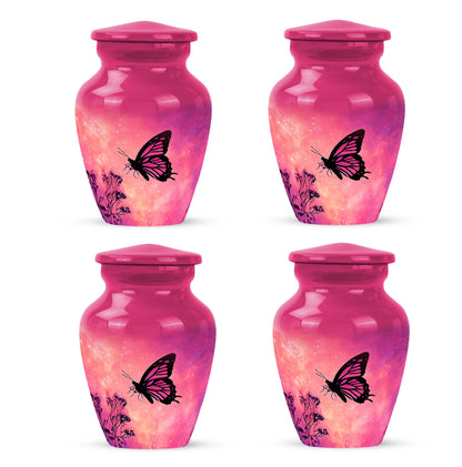Peony Pink Butterfly Cremation Urn side profile showing urn shape - timeless butterfly motif etched into premium metal - 10 inch aluminum urn for cremated remains