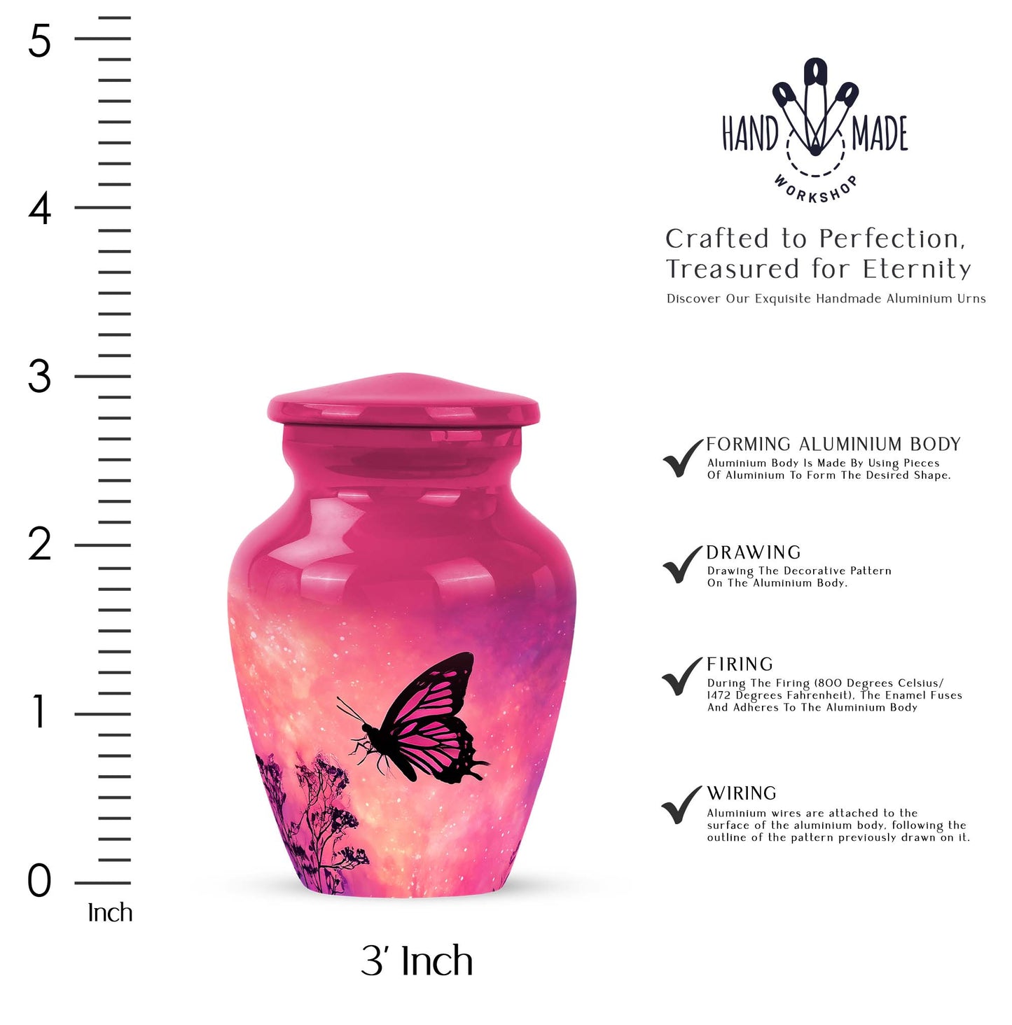 Salmon Pink Butterfly Cremation Urn close-up of engraving and surface detail - traditional butterfly engraving with hand-polished finish - mini keepsake memorial for portion of cremation ashes