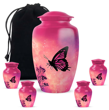 Peony Pink Butterfly Cremation Urn top-down view of secure threaded lid - timeless butterfly motif etched into premium metal - memorial set with one large and four small urns