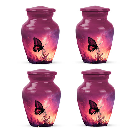 Pastel Pink Butterfly Cremation Urn side profile showing urn shape - classic sculpted butterfly pattern on smooth aluminum - 10 inch aluminum urn for cremated remains