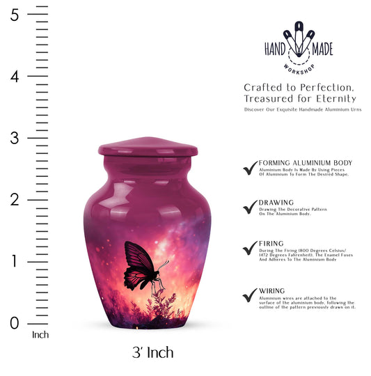 Petal Pink Butterfly Cremation Urn close-up of engraving and surface detail - elegant classic butterfly relief with fine detailing - mini keepsake memorial for portion of cremation ashes
