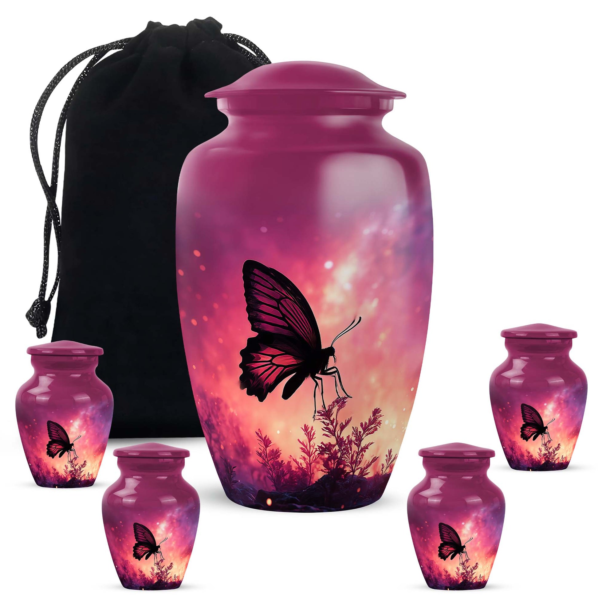 Rose Pink Butterfly Cremation Urn top-down view of secure threaded lid - timeless butterfly motif etched into premium metal - memorial set with one large and four small urns