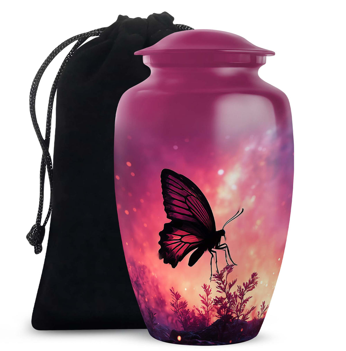 Coral Pink Butterfly Cremation Urn angled view of lid and engraved motif - timeless butterfly motif etched into premium metal - full-size 10 inch 200 cubic inch adult cremation urn