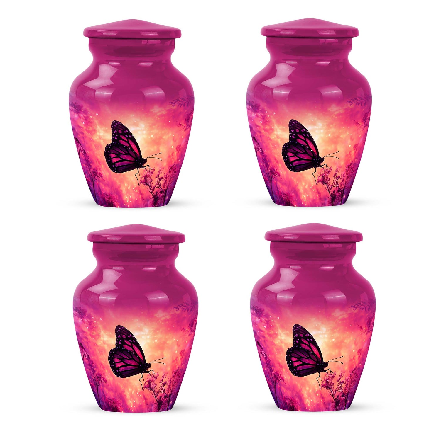 Blush Pink Butterfly Cremation Urn side profile showing urn shape - classic sculpted butterfly pattern on smooth aluminum - 10 inch aluminum urn for cremated remains