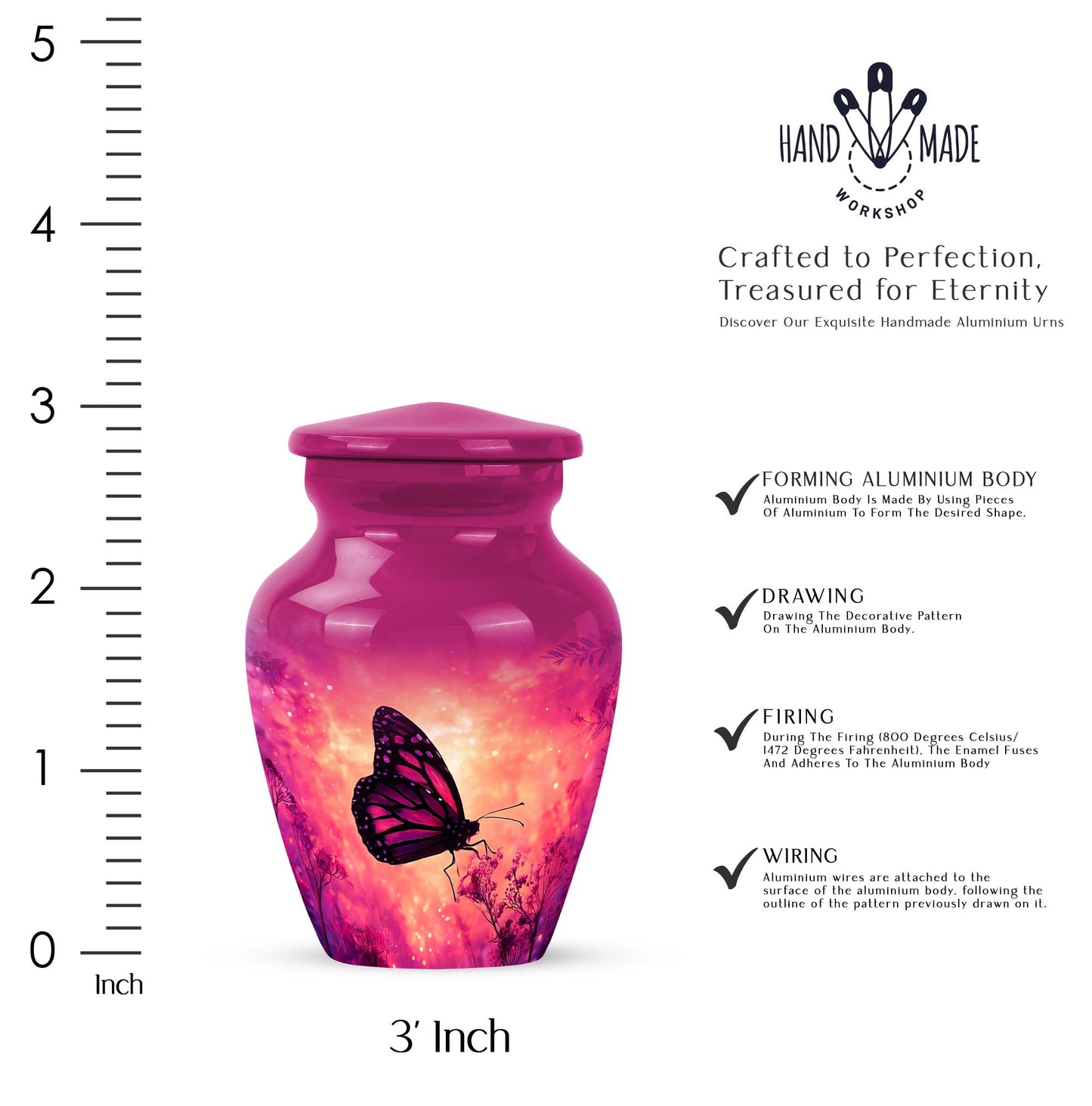 Soft Pink Butterfly Cremation Urn close-up of engraving and surface detail - elegant classic butterfly relief with fine detailing - mini keepsake memorial for portion of cremation ashes