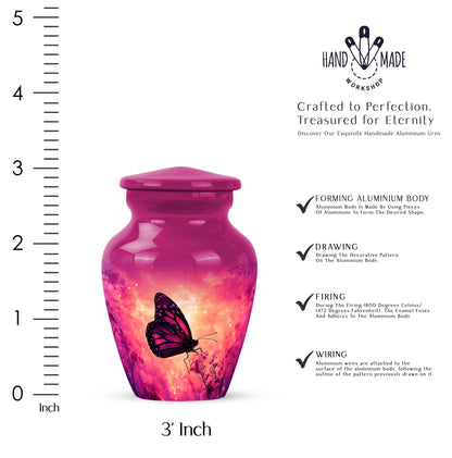 Soft Pink Butterfly Cremation Urn close-up of engraving and surface detail - elegant classic butterfly relief with fine detailing - mini keepsake memorial for portion of cremation ashes