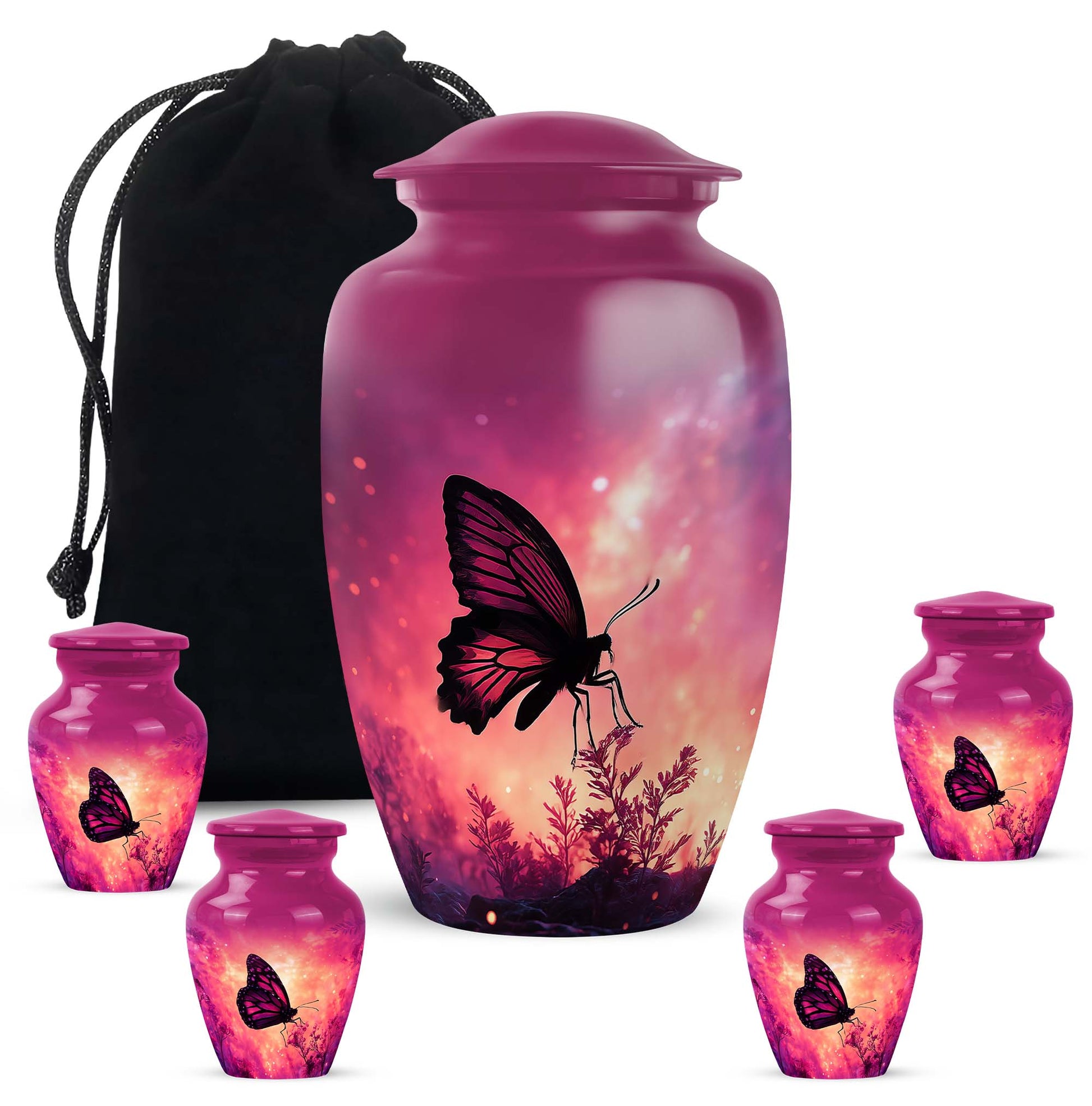 Pastel Pink Butterfly Cremation Urn top-down view of secure threaded lid - timeless butterfly motif etched into premium metal - memorial set with one large and four small urns