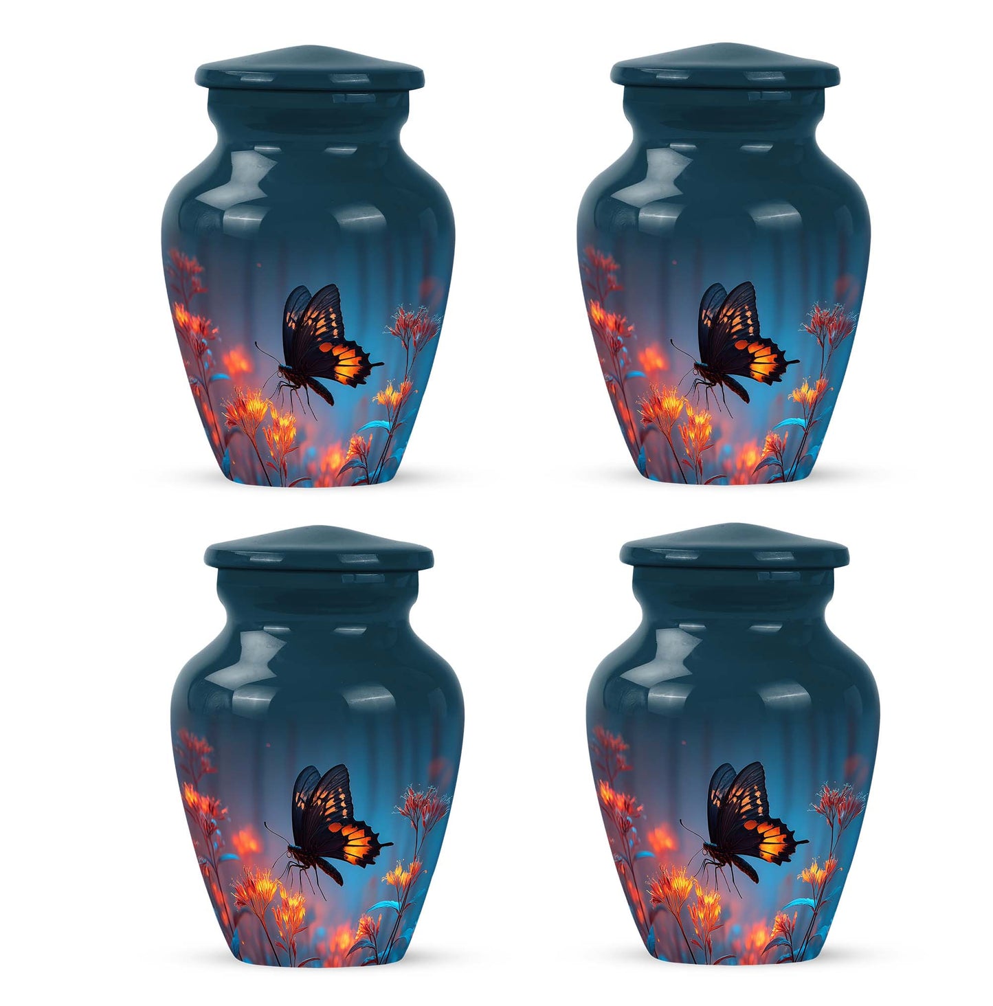 Dusty Blue Butterfly Cremation Urn side profile showing urn shape - timeless butterfly motif etched into premium metal - 10 inch aluminum urn for cremated remains